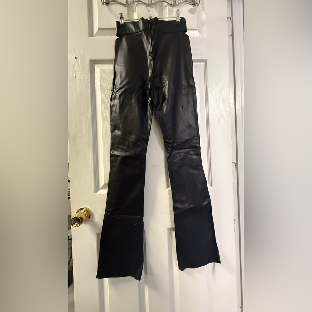 ZARA Black Faux Leather Cut-Out Flare Pants - Size XS